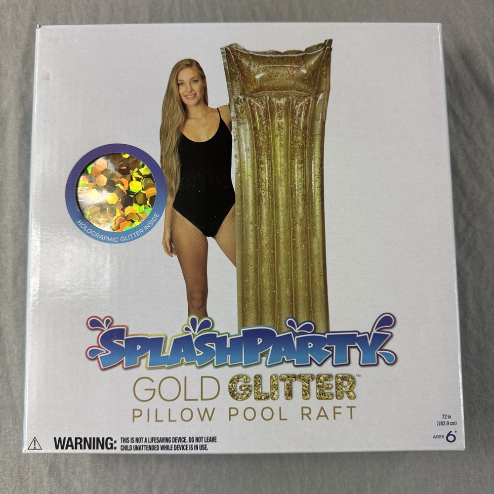 Splash Party Gold Glitter Pillow Pool Raft 72" Beach Pool Swim Inflatable NEW